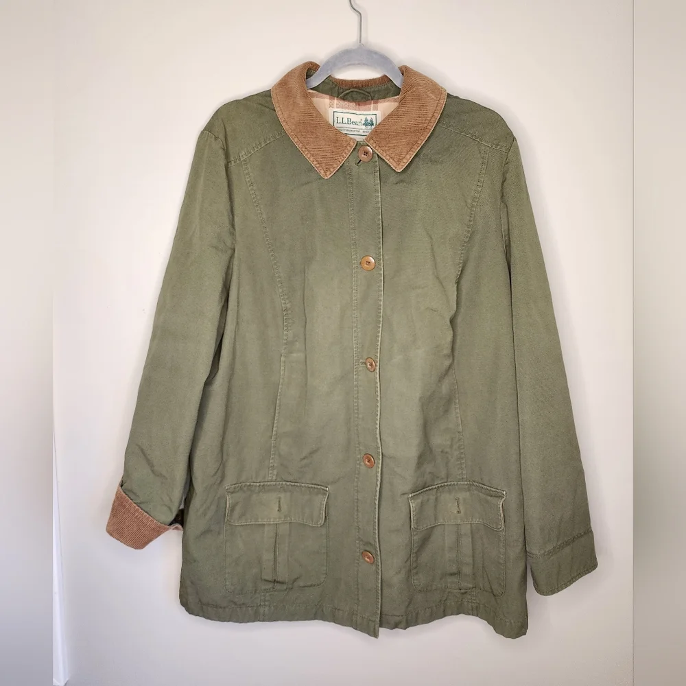 L.L. Bean Olive Utility Jacket with Tan Corduroy Collar - Picture 1 of 6